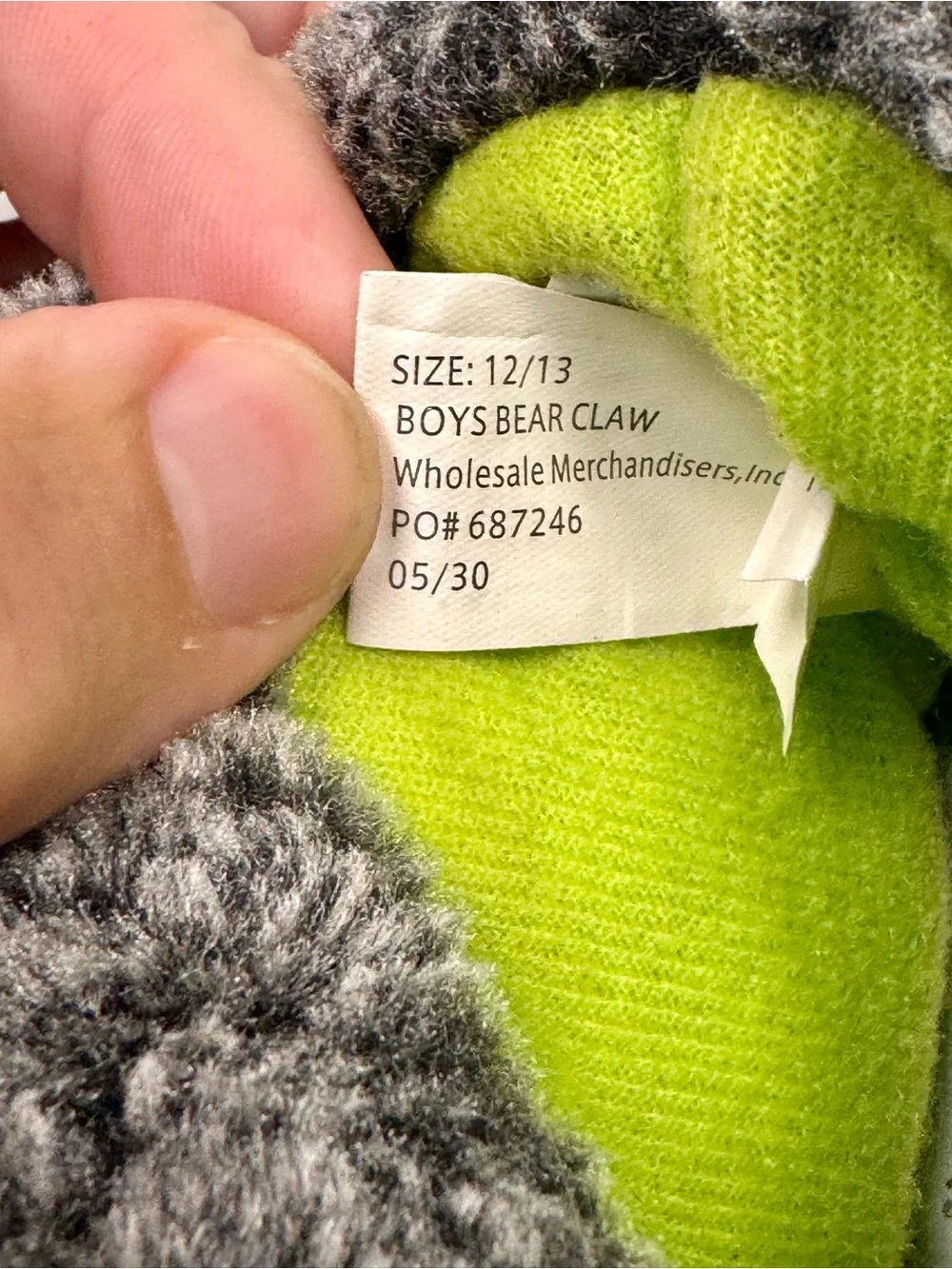 Falls Creek Boys 12/13 Gray Green Monster Bear Claw Plush Slippers